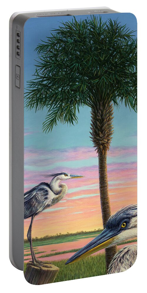 Sc Portable Battery Charger featuring the painting SC Sunset by James W Johnson