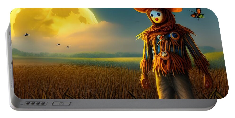 Digital Portable Battery Charger featuring the digital art Scarecrow and Harvest Moon by Beverly Read