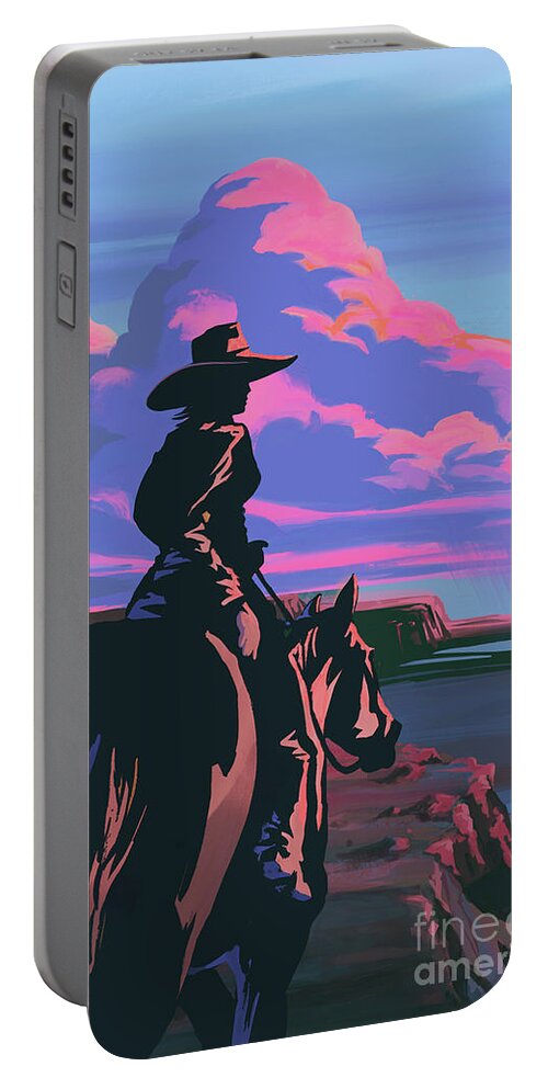 Horse Portable Battery Charger featuring the painting Scenic Sunset Canyon Cowgirl by Sassan Filsoof