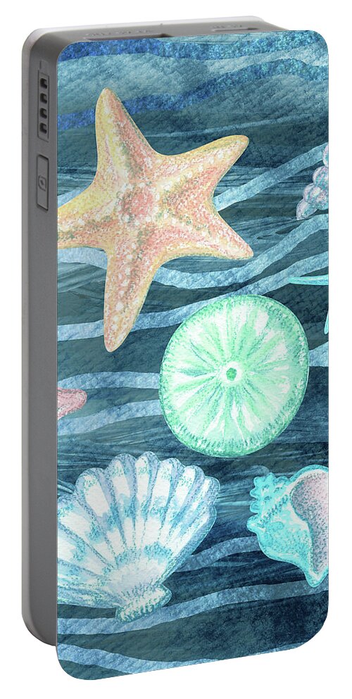 Beach Art Portable Battery Charger featuring the painting Sea Stars And Shells On Blue Waves Watercolor Beach Art Collection III by Irina Sztukowski