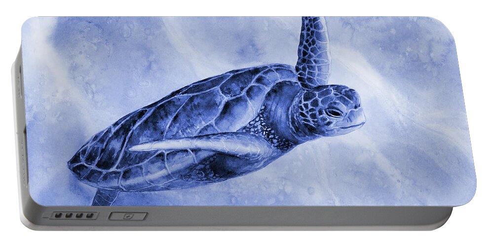 Mono Portable Battery Charger featuring the painting Sea Turtle 2 in Blue by Hailey E Herrera