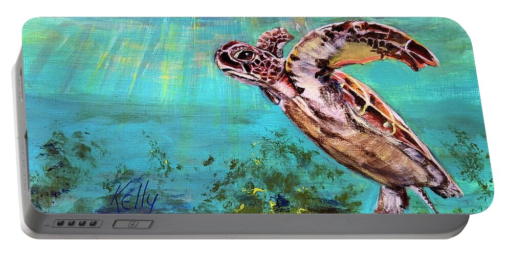 Sea Turtle Portable Battery Charger featuring the painting Sea Turtle Catching Some Rays by Kelly Smith