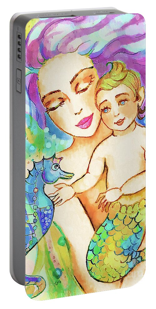 Mermaid Mother Portable Battery Charger featuring the painting Sea Wonders by Eva Campbell