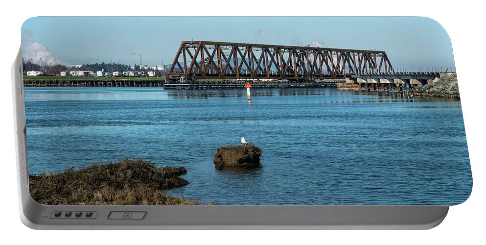 Seagull And Swinomish Bridge Portable Battery Charger featuring the photograph Seagull and Swinomish Bridge by Tom Cochran
