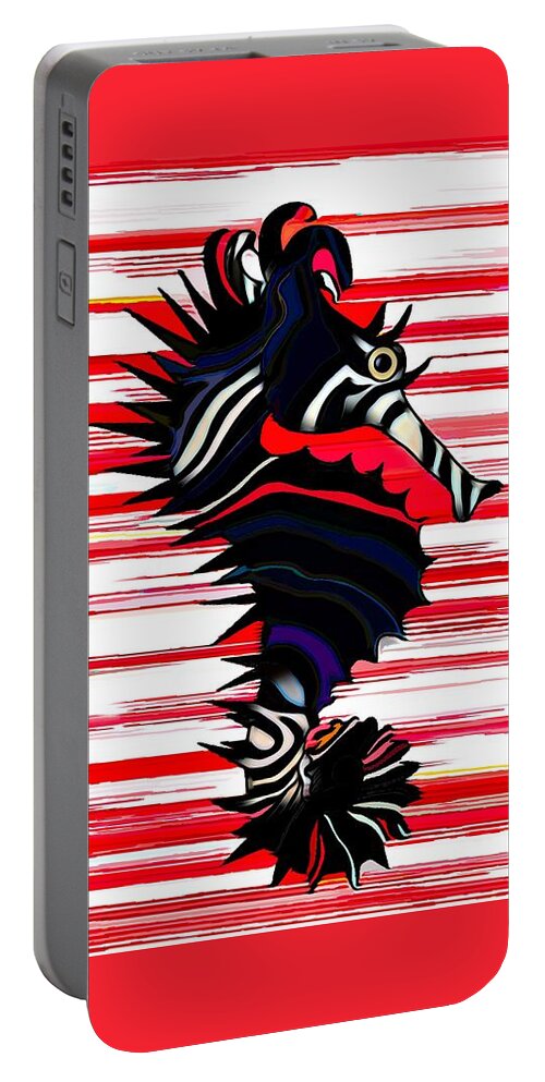 Black And White Portable Battery Charger featuring the mixed media Seahorse SeaZebra Red Stripes by Joan Stratton