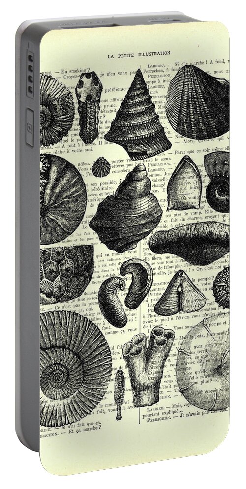 Seashell Portable Battery Charger featuring the digital art Seashell collection in black and white by Madame Memento