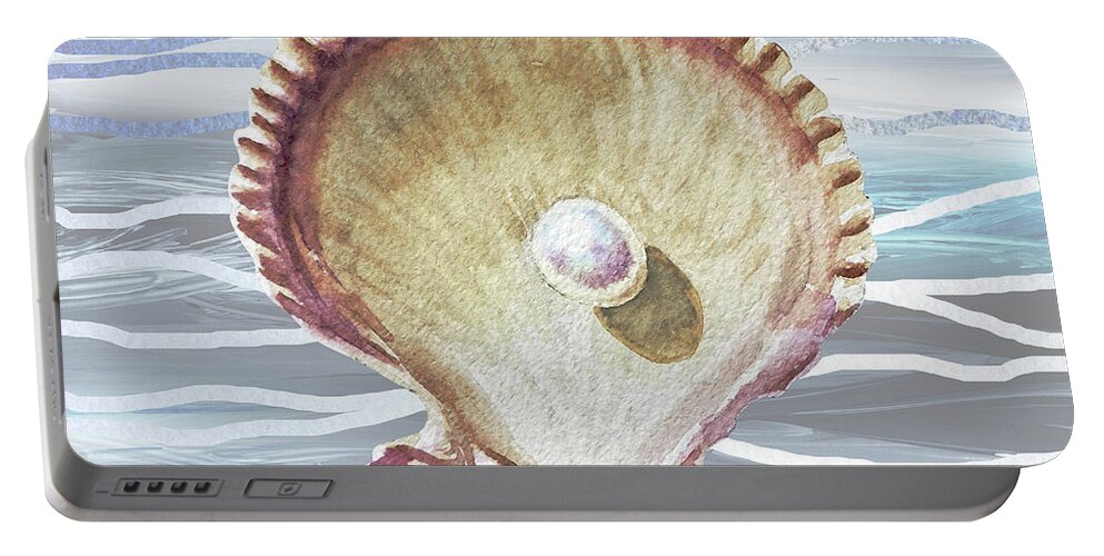 Shell Portable Battery Charger featuring the painting Seashell On Teal Blue Beach House Nautical Painting Decor IV by Irina Sztukowski