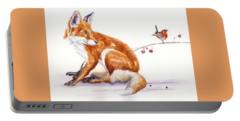 Red Fox Portable Battery Charger featuring the painting Fox and Robin - Seasonal Greetings by Debra Hall