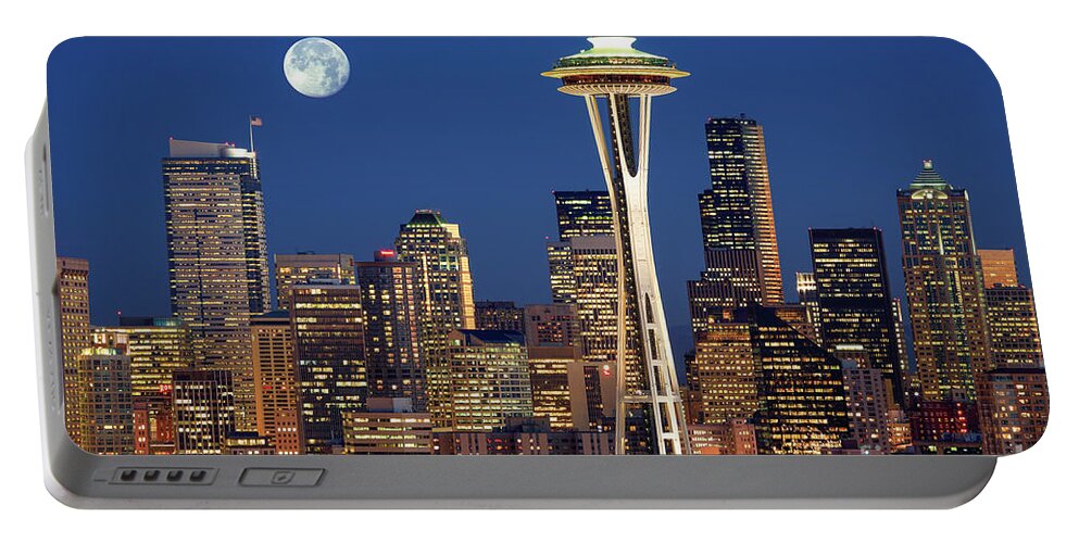 Seattle Portable Battery Charger featuring the photograph Seattle at Full Moon by Inge Johnsson