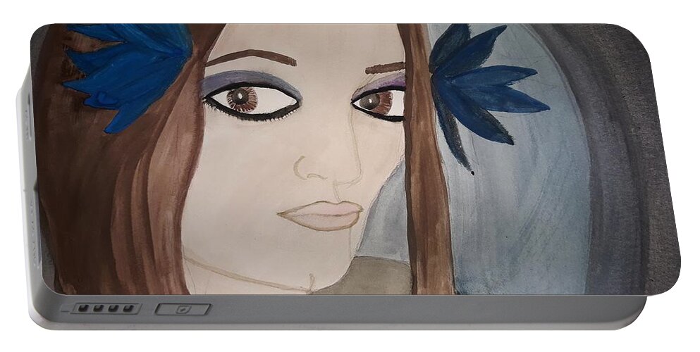 Woman Portable Battery Charger featuring the painting Self-Portrait With Blue Flowers by Vale Anoa'i