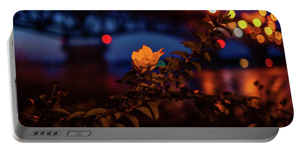 Yorktown Portable Battery Charger featuring the photograph September Buttercup and Bridge Lights by Rachel Morrison
