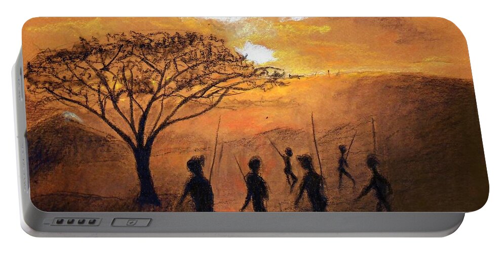 Serengeti Portable Battery Charger featuring the drawing Serengeti Sunset by Jayne Somogy