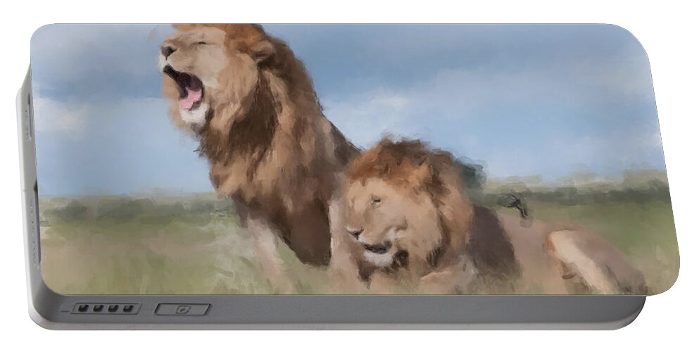 Lions Portable Battery Charger featuring the painting Serengeti Watch by Gary Arnold