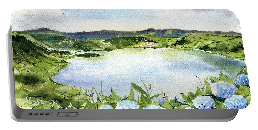 Sete Cidades Portable Battery Charger featuring the painting Sete Cidades in Azores Sao Miguel Painting by Dora Hathazi Mendes