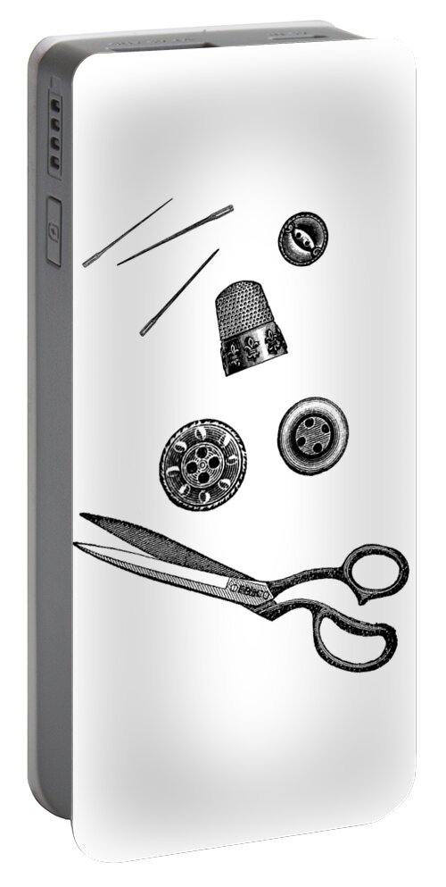 Sewing Portable Battery Charger featuring the digital art Sewing Supplies In Black And White by Madame Memento