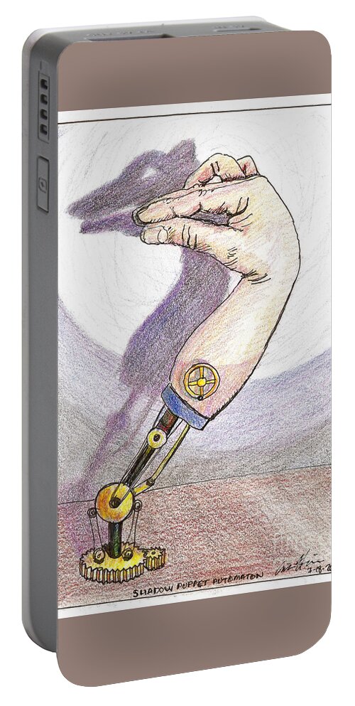 Shadow Portable Battery Charger featuring the drawing Shadow Puppet Automaton by Eric Haines