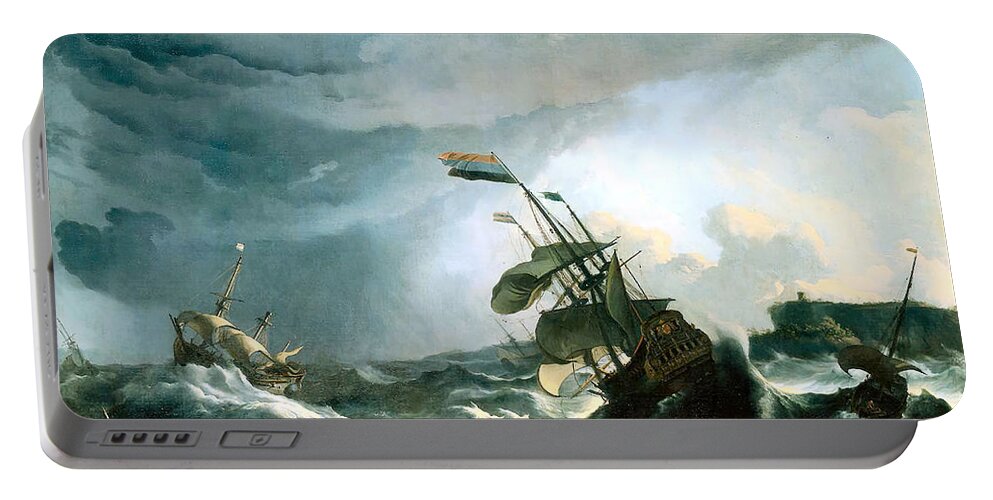 Ships Portable Battery Charger featuring the photograph Ships in Distress in a Heavy Storm by Ludolf Backhuysen
