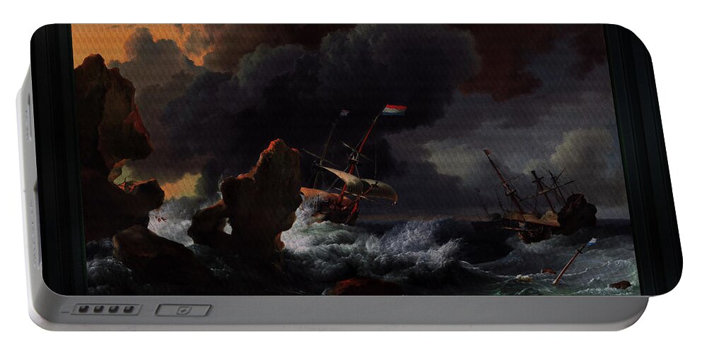 Ships In Distress Off A Rocky Coast Portable Battery Charger featuring the painting Ships In Distress Off A Rocky Coast by Ludolf Bakhuizen Classical Art Reproduction by Rolando Burbon