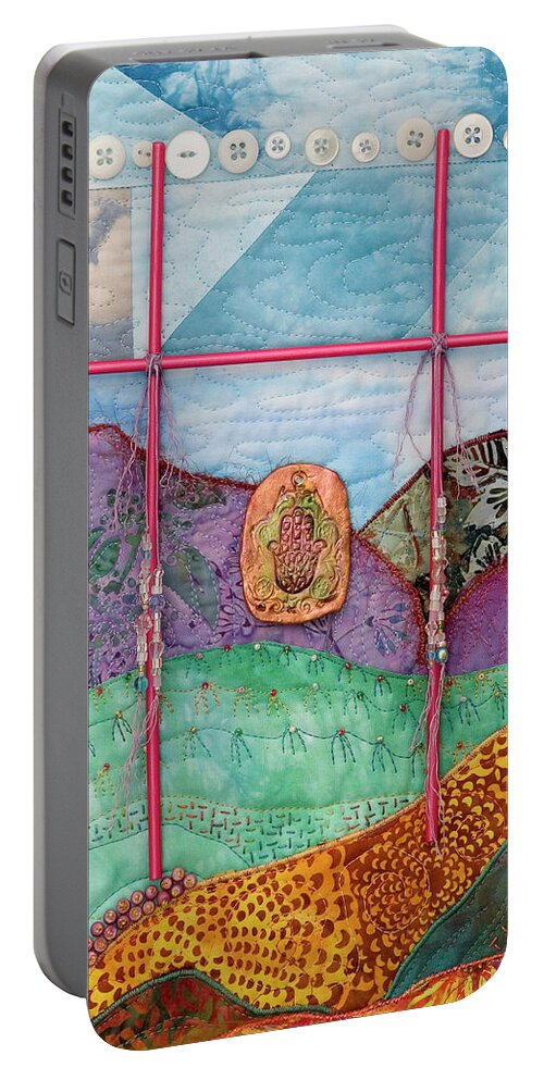 Fiber Art Portable Battery Charger featuring the mixed media Shrine to Land and Sky G by Vivian Aumond