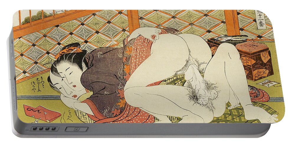 Koryusai Portable Battery Charger featuring the painting Shunga, Seamstress and her Lover by Isoda Koryusai