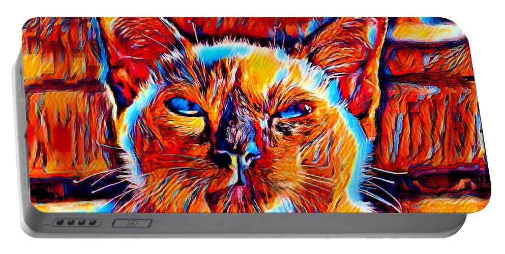 Siamese Cat Portable Battery Charger featuring the digital art Siamese cat face in the sun - colorful dark orange, red and cyan by Nicko Prints