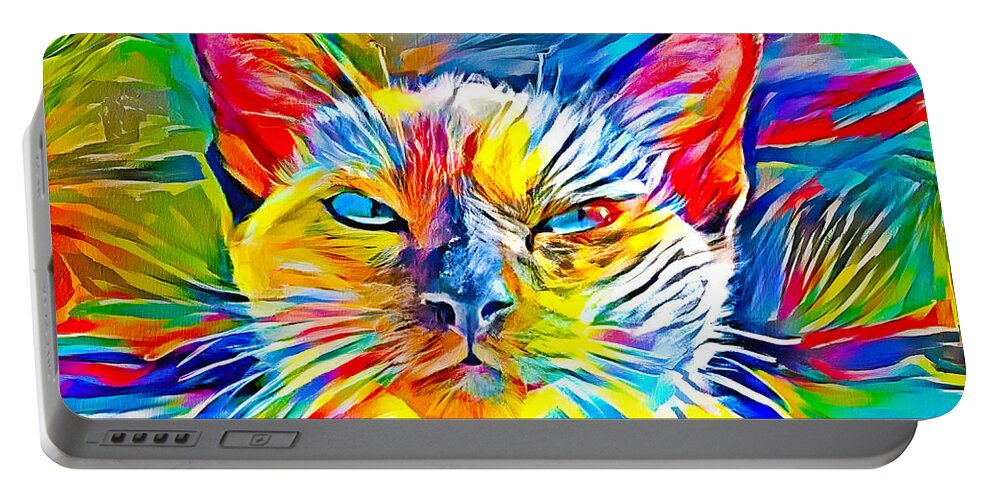 Siamese Cat Portable Battery Charger featuring the digital art Siamese cat face in the sun - colorful zebra pattern painting by Nicko Prints