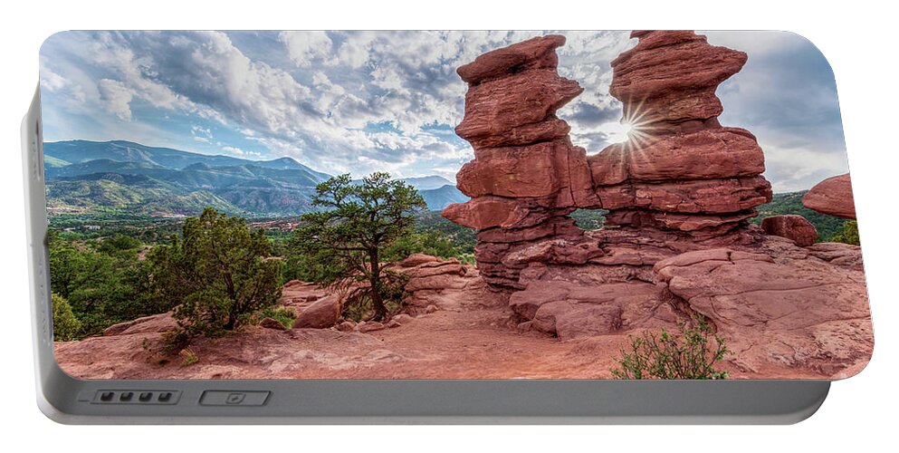 Garden Of The Gods Portable Battery Charger featuring the photograph Siamese Twins Colorado Sunburst by Jennifer White