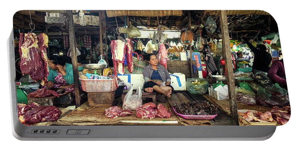 Panoramic Portable Battery Charger featuring the photograph Siem Reap street market meat stall cambodia by Sonny Ryse