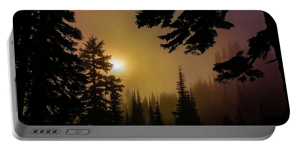 Silhouette Portable Battery Charger featuring the photograph Silhouettes of Trees on Mt Rainier_02 by Greg Reed