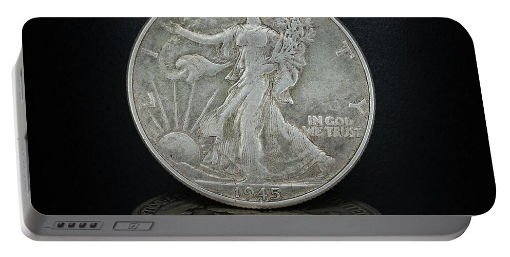 Silver Coin Portable Battery Charger featuring the photograph Silver Coins 1945 Walking Liberty Half Dollar by Amelia Pearn