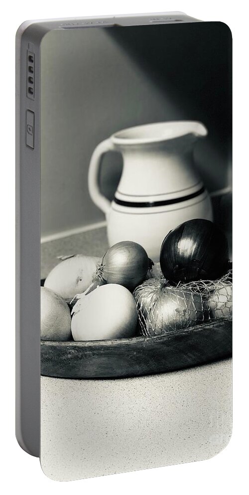 Onions Portable Battery Charger featuring the photograph Silver tone Still Life with Onions by Karen Francis