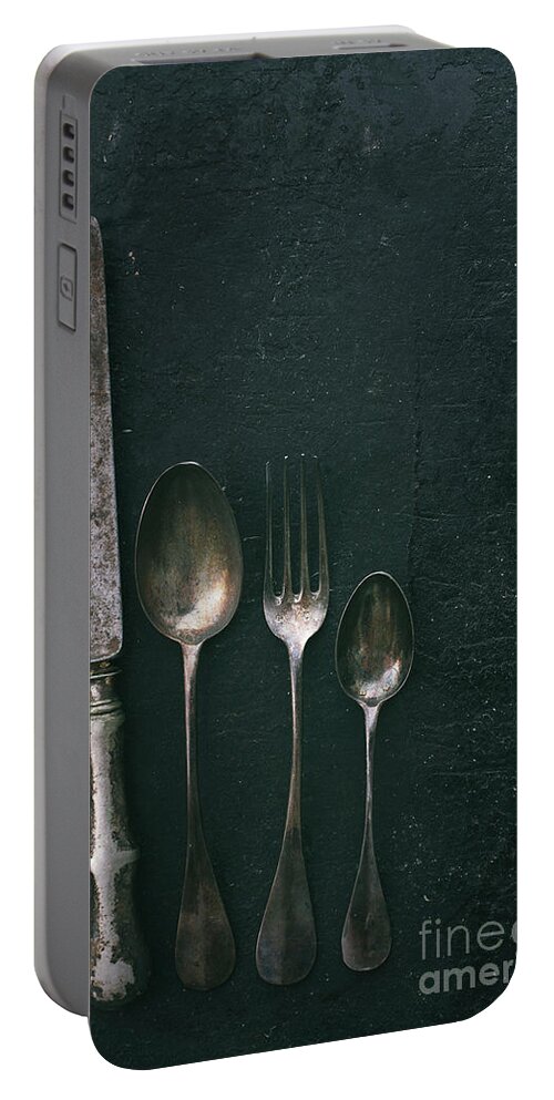 Cutlery Portable Battery Charger featuring the photograph Silverware on black rustic background by Jelena Jovanovic