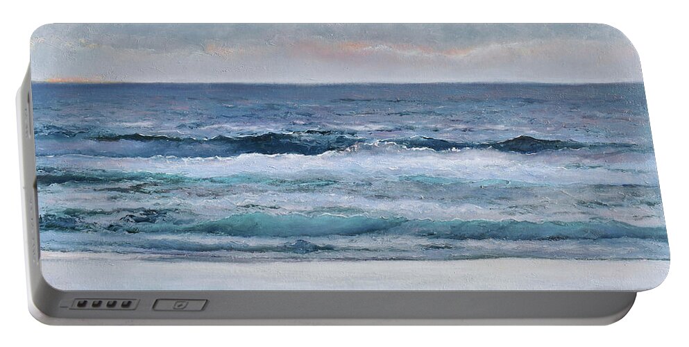 Ocean Portable Battery Charger featuring the painting Silvery Morn - ocean seascape by Jan Matson