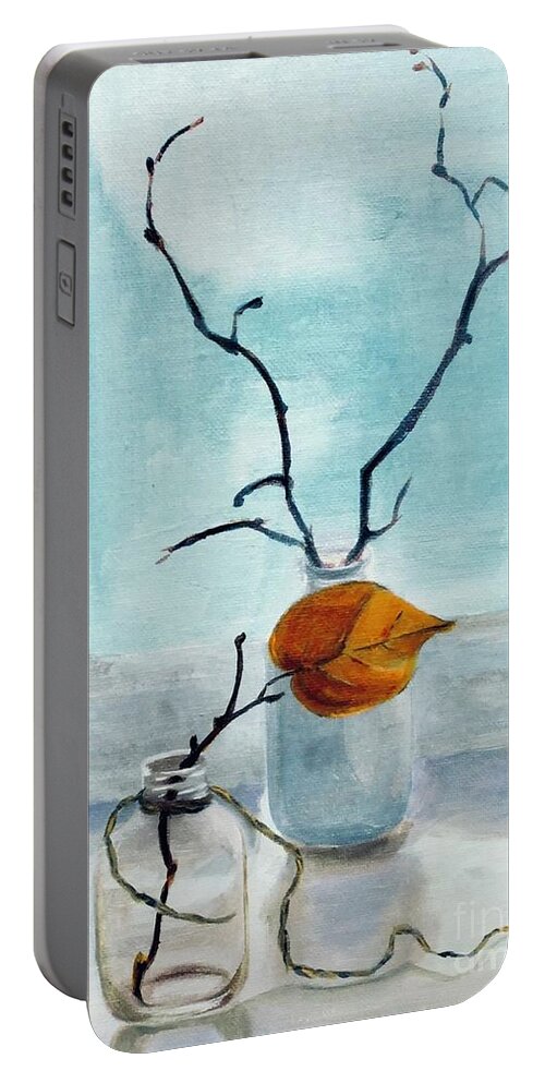 Single Portable Battery Charger featuring the painting Single leaf by Lana Sylber