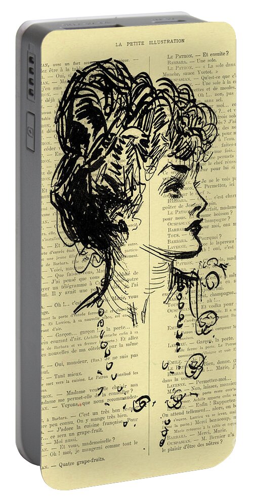 Lady Portable Battery Charger featuring the mixed media Sketch Of A Lady On An Antique French Book Page by Madame Memento
