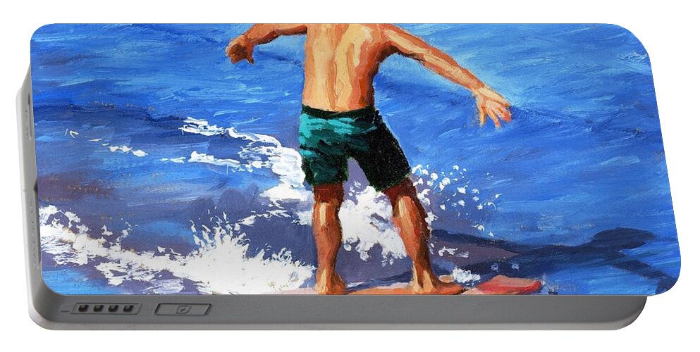 Skimboard Portable Battery Charger featuring the painting Skim 360 - 7 of 8 by Alice Leggett