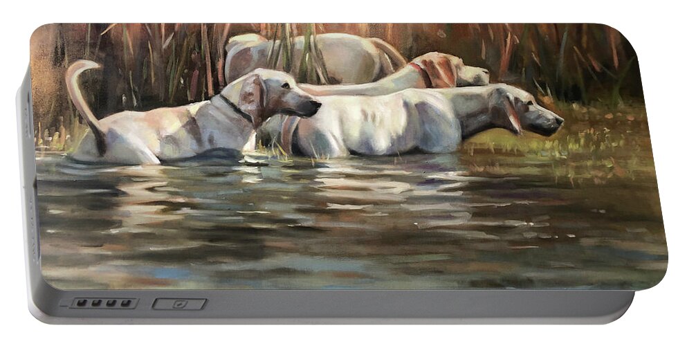 Hounds Dogs Painting Portrait Foxhounds Water Contemporary Portable Battery Charger featuring the painting Skinny Dipping by Susan Bradbury