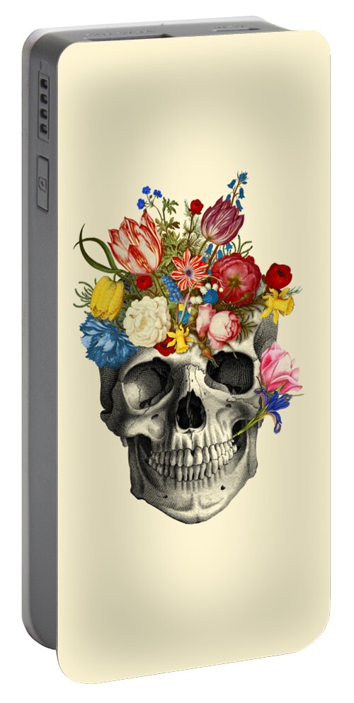 Skull Portable Battery Charger featuring the digital art Skull with flowers by Madame Memento