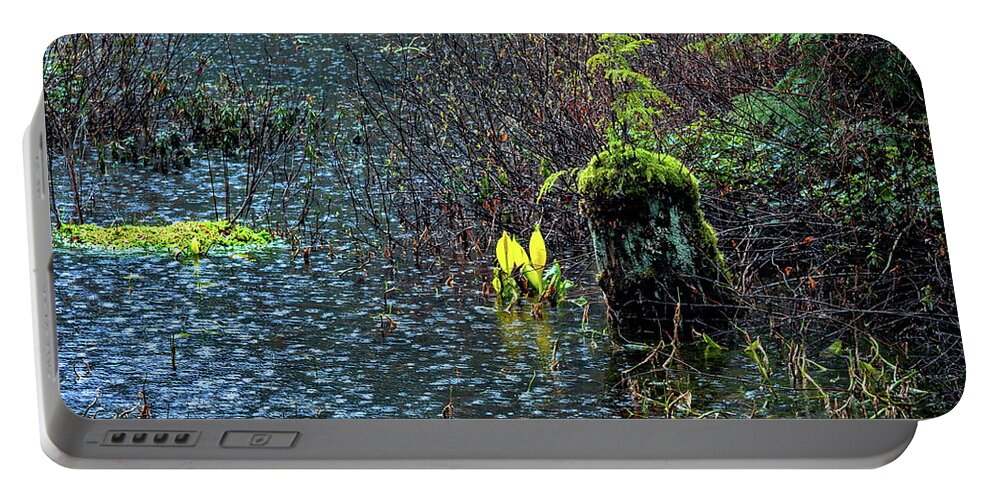 Alex Lyubar Portable Battery Charger featuring the photograph Skunk cabbage flower under the rain by Alex Lyubar