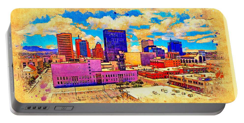 El Paso Portable Battery Charger featuring the digital art Skyline of Downtown El Paso, Texas, digital painting with vintage look by Nicko Prints