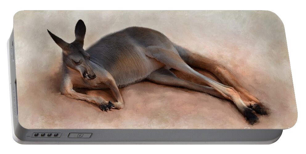 Kangourou Portable Battery Charger featuring the mixed media Sleeping Kangaroo by Lucie Dumas