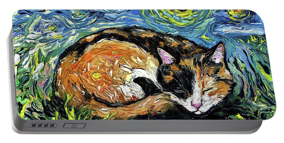 Calico Portable Battery Charger featuring the painting Sleepy Calico Night by Aja Trier