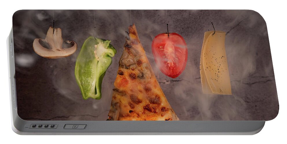 Pizza Portable Battery Charger featuring the photograph Slice of mozzarella pizza tomato cheese peeper and mushroom ingredients by Michalakis Ppalis