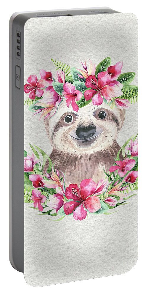 Sloth With Flowers Portable Battery Charger featuring the painting Sloth With Flowers by Nursery Art