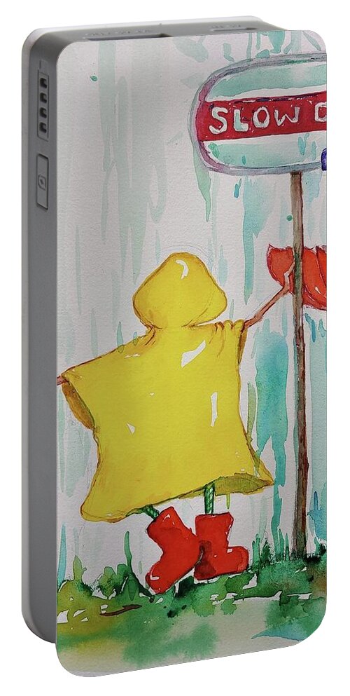 Rain Coat Portable Battery Charger featuring the painting Slow Down by Mikyong Rodgers