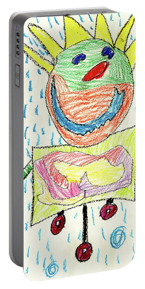 Smiling Robot Art By Kids Sun And Rain Yellow Green Orang Blue Child Portable Battery Charger featuring the painting Smiling Robot by Nick Abrams Age 7