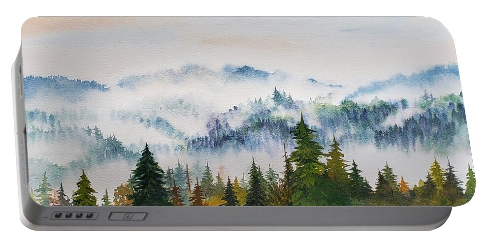 Trees Portable Battery Charger featuring the painting Smoke in the Mountains by Lisa Debaets