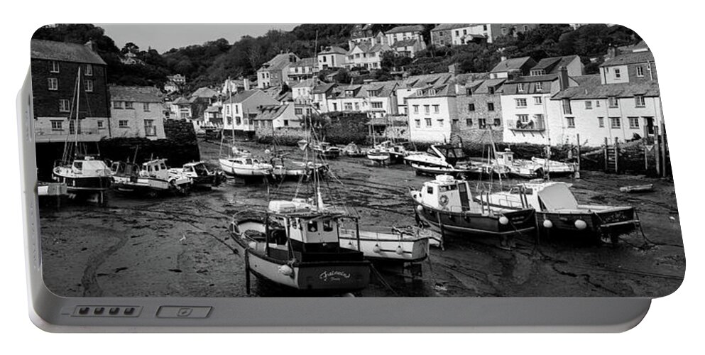 Coast Portable Battery Charger featuring the photograph Smugglers Cove Polperro Fishing Harbour Black and White 2 by Sonny Ryse