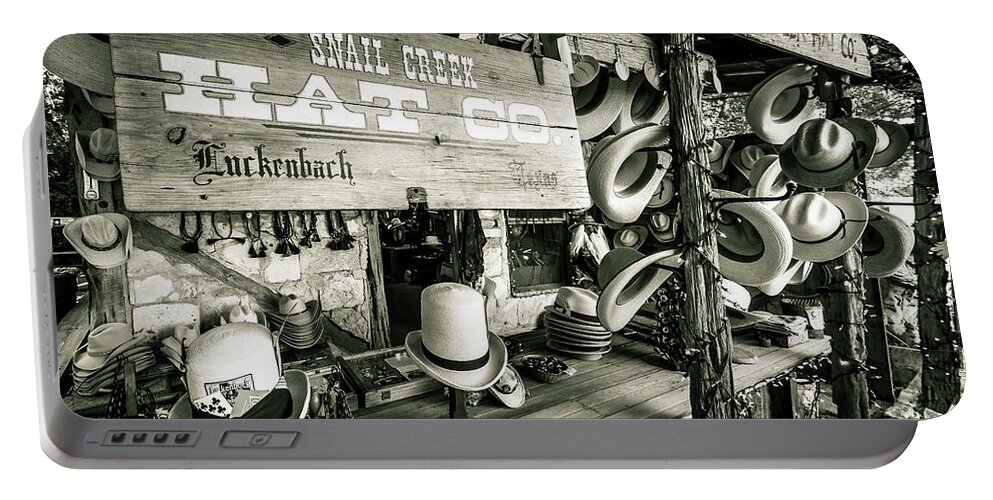 Dark Portable Battery Charger featuring the photograph Snail Creek Hat Company by Andy Crawford