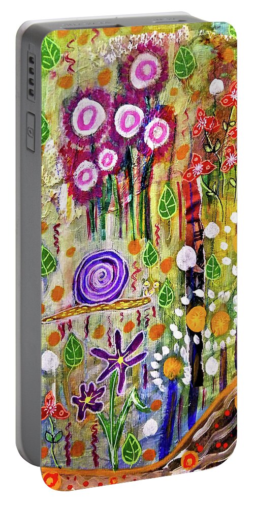Naive Art Portable Battery Charger featuring the mixed media Snail in the Grass by Mimulux Patricia No